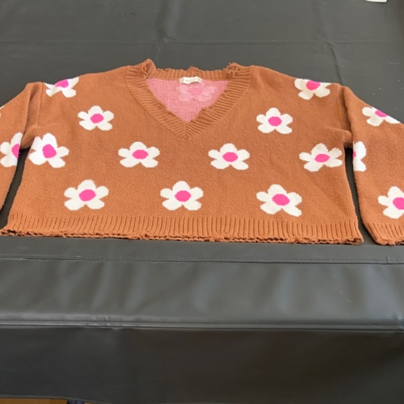 Altar'd State Floral V-Neck Sweater in Brown and Pink - Picture 1 of 8